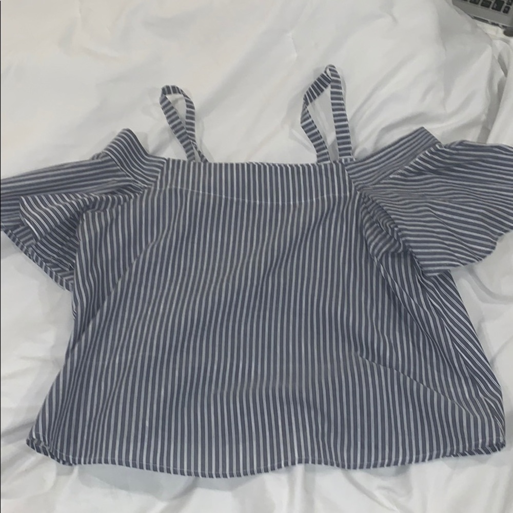 Mind Code off the shoulder gray striped top.
